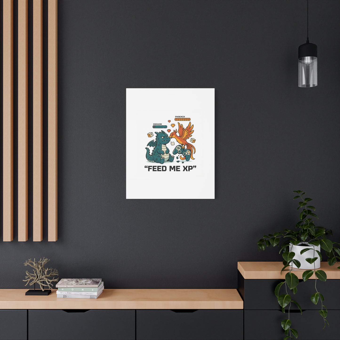 Feed Me XP Canvas | Gamer Dragon Phoenix Wall Art, Neon Meme Skate Style