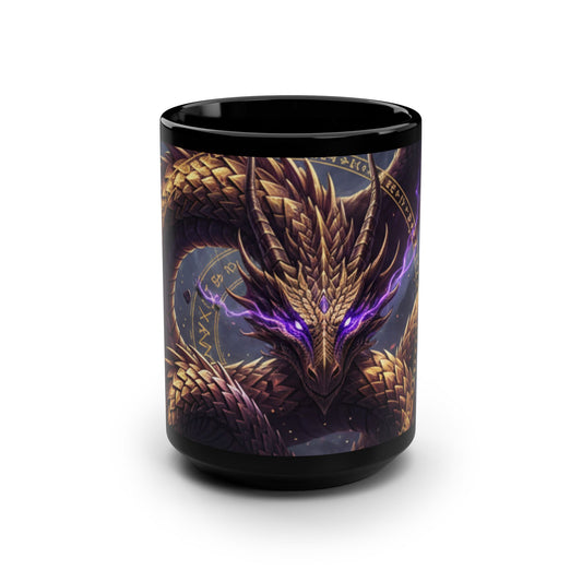 Black 15oz Mug — Golden Dragon with Purple Eyes Fantasy Coffee Cup