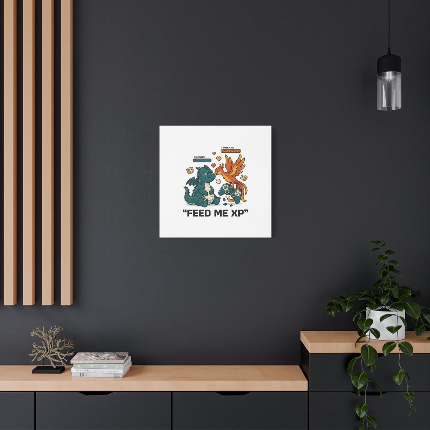 Feed Me XP Canvas | Gamer Dragon Phoenix Wall Art, Neon Meme Skate Style