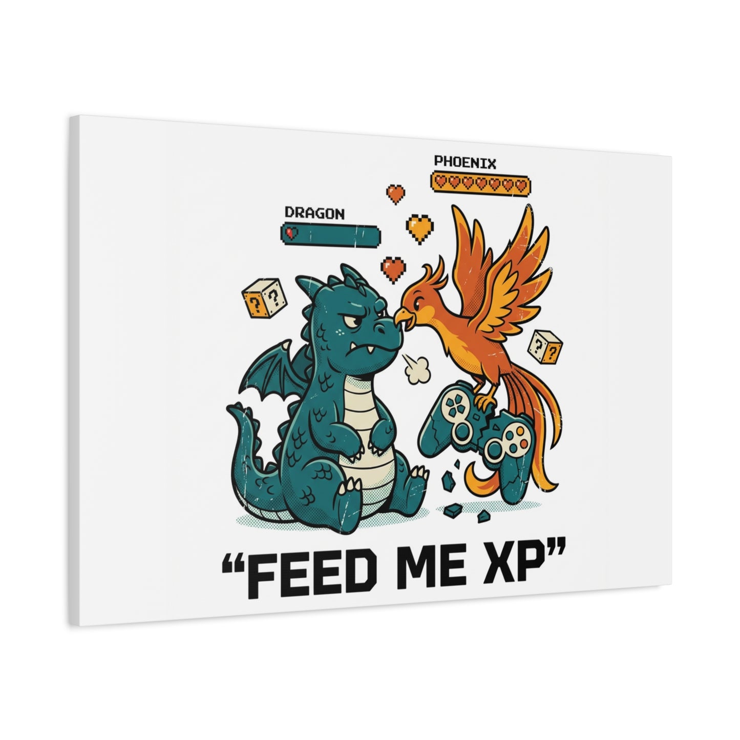 Feed Me XP Canvas | Gamer Dragon Phoenix Wall Art, Neon Meme Skate Style