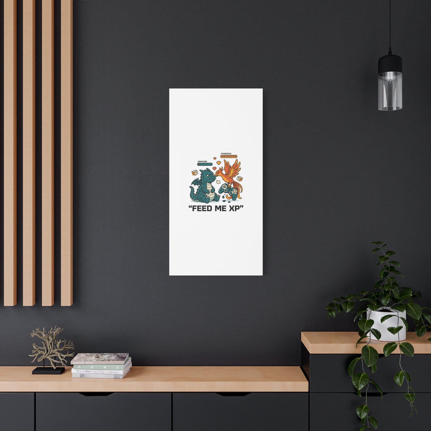 Feed Me XP Canvas | Gamer Dragon Phoenix Wall Art, Neon Meme Skate Style