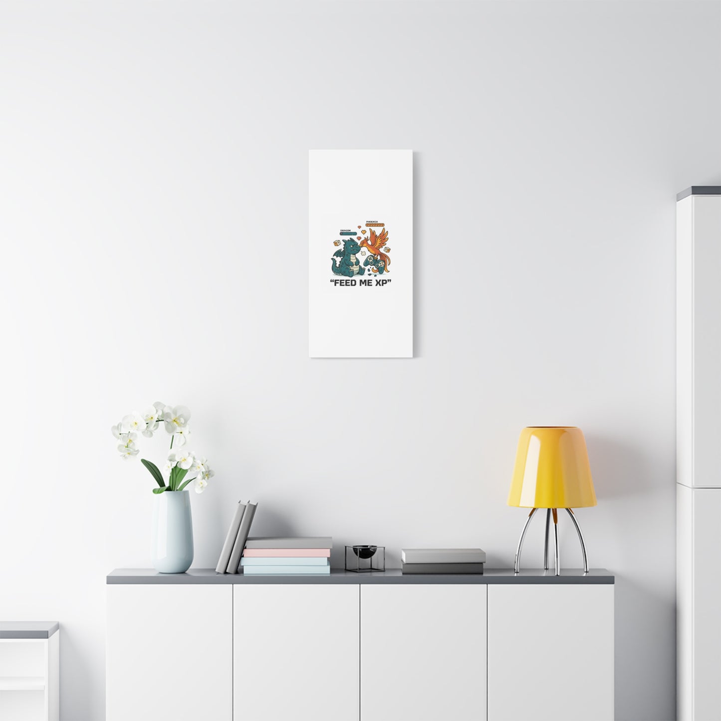 Feed Me XP Canvas | Gamer Dragon Phoenix Wall Art, Neon Meme Skate Style