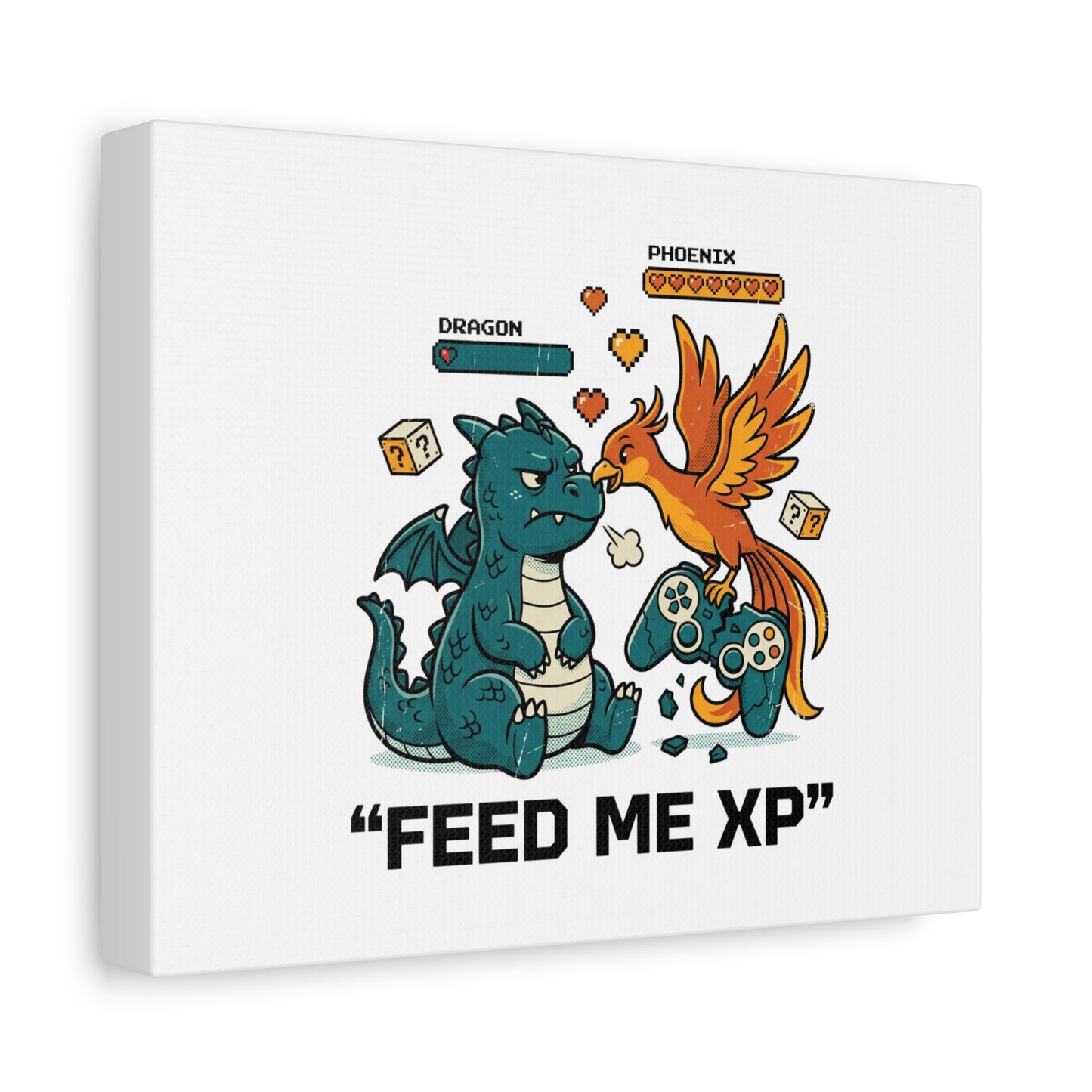 Feed Me XP Canvas | Gamer Dragon Phoenix Wall Art, Neon Meme Skate Style
