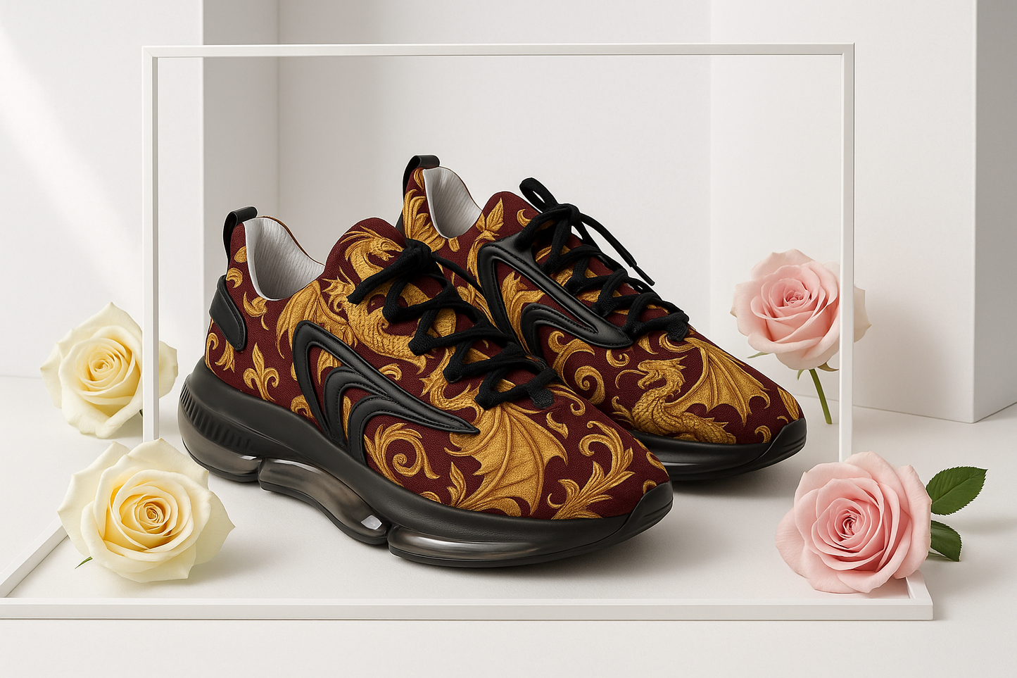 Stylish Men's Mesh Sneakers with Elegant Golden Dragon Design, Fitness Shoe, Casual Kick, Gift for Him, Trendy Footwear
