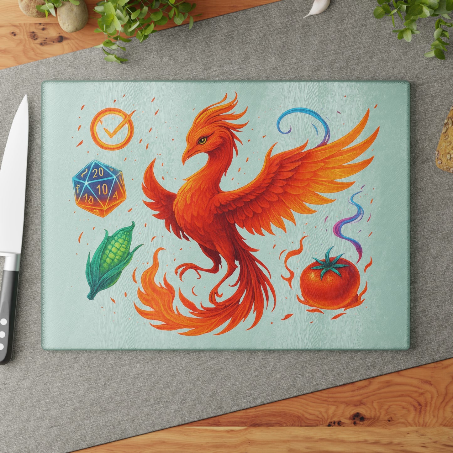 Vibrant Phoenix Glass Cutting Board - Unique Kitchen Decor, Ideal for Gamers, Great Gift for Holidays, BBQ, and Housewarming!