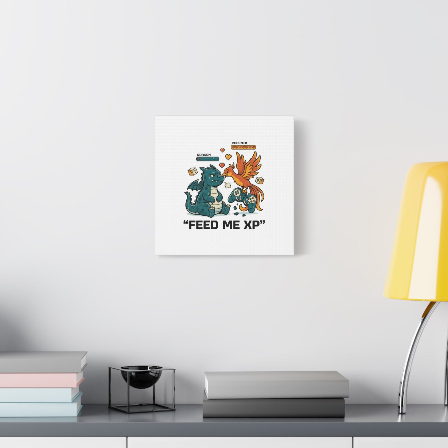 Feed Me XP Canvas | Gamer Dragon Phoenix Wall Art, Neon Meme Skate Style