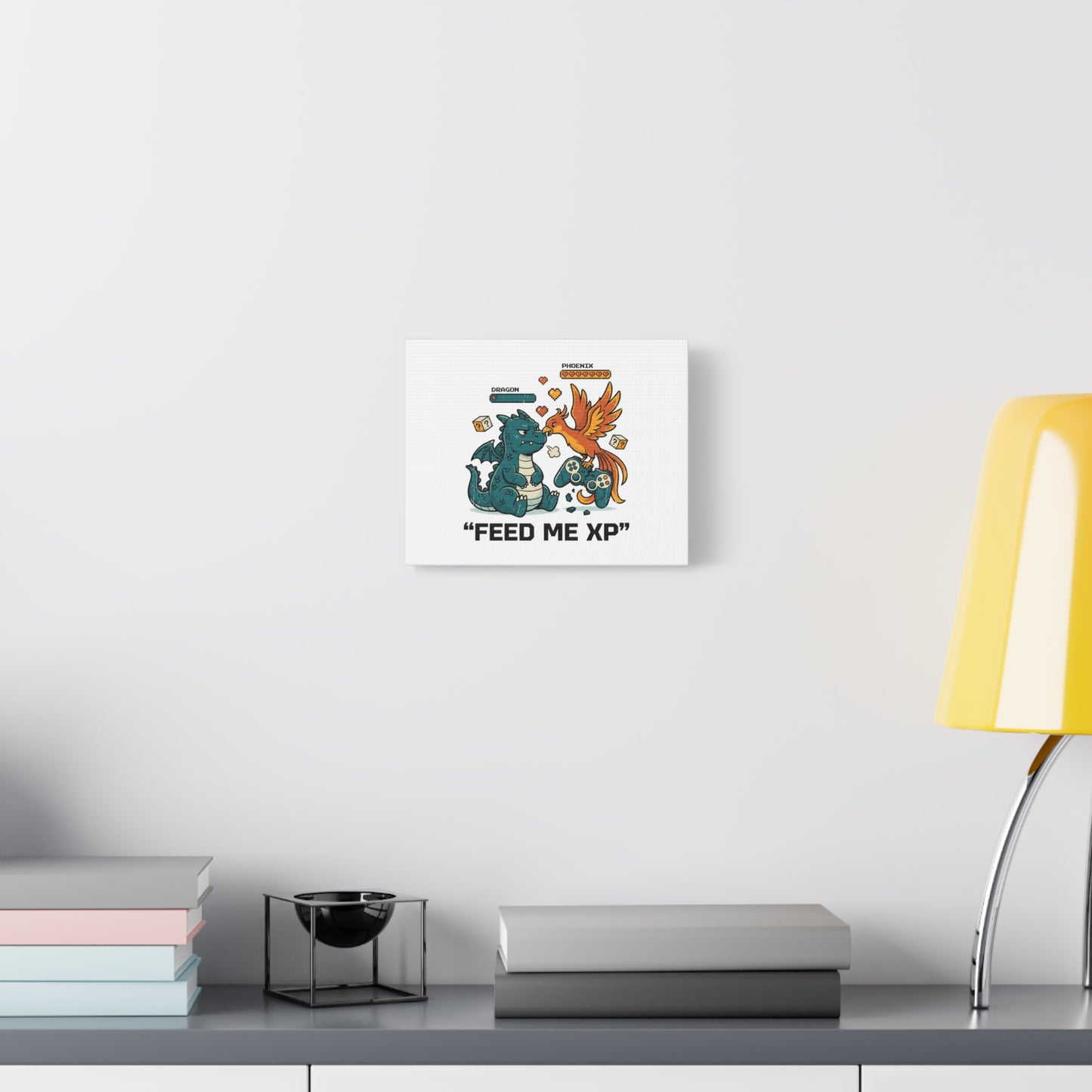 Feed Me XP Canvas | Gamer Dragon Phoenix Wall Art, Neon Meme Skate Style
