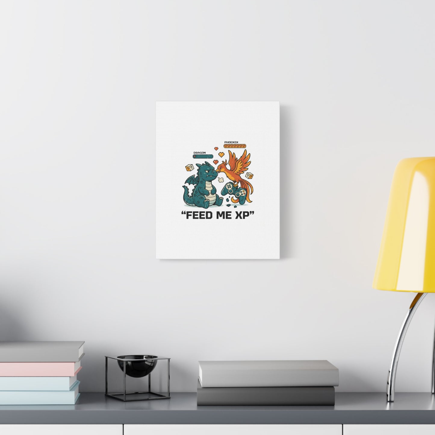 Feed Me XP Canvas | Gamer Dragon Phoenix Wall Art, Neon Meme Skate Style