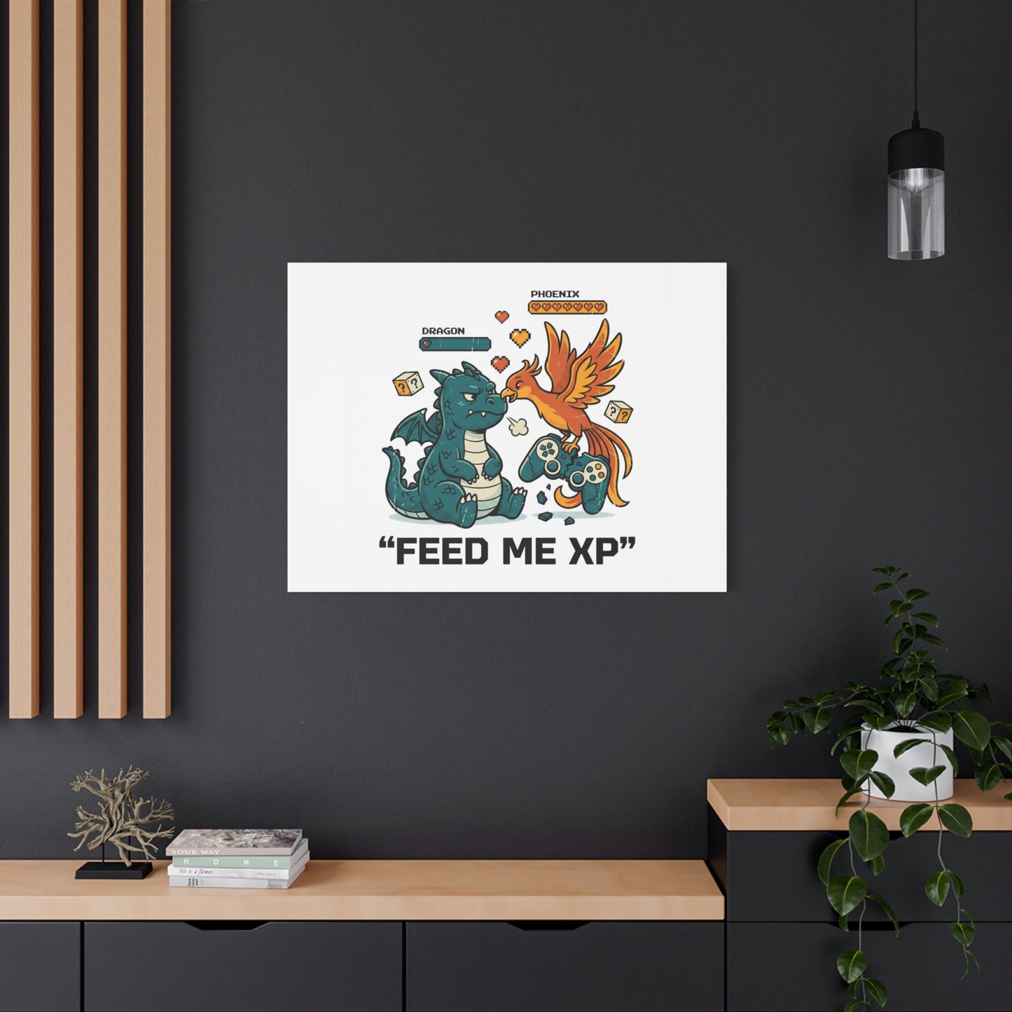Feed Me XP Canvas | Gamer Dragon Phoenix Wall Art, Neon Meme Skate Style