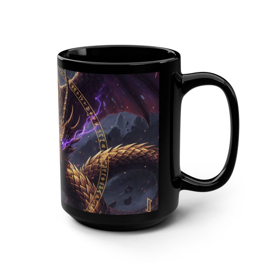Black 15oz Mug — Golden Dragon with Purple Eyes Fantasy Coffee Cup