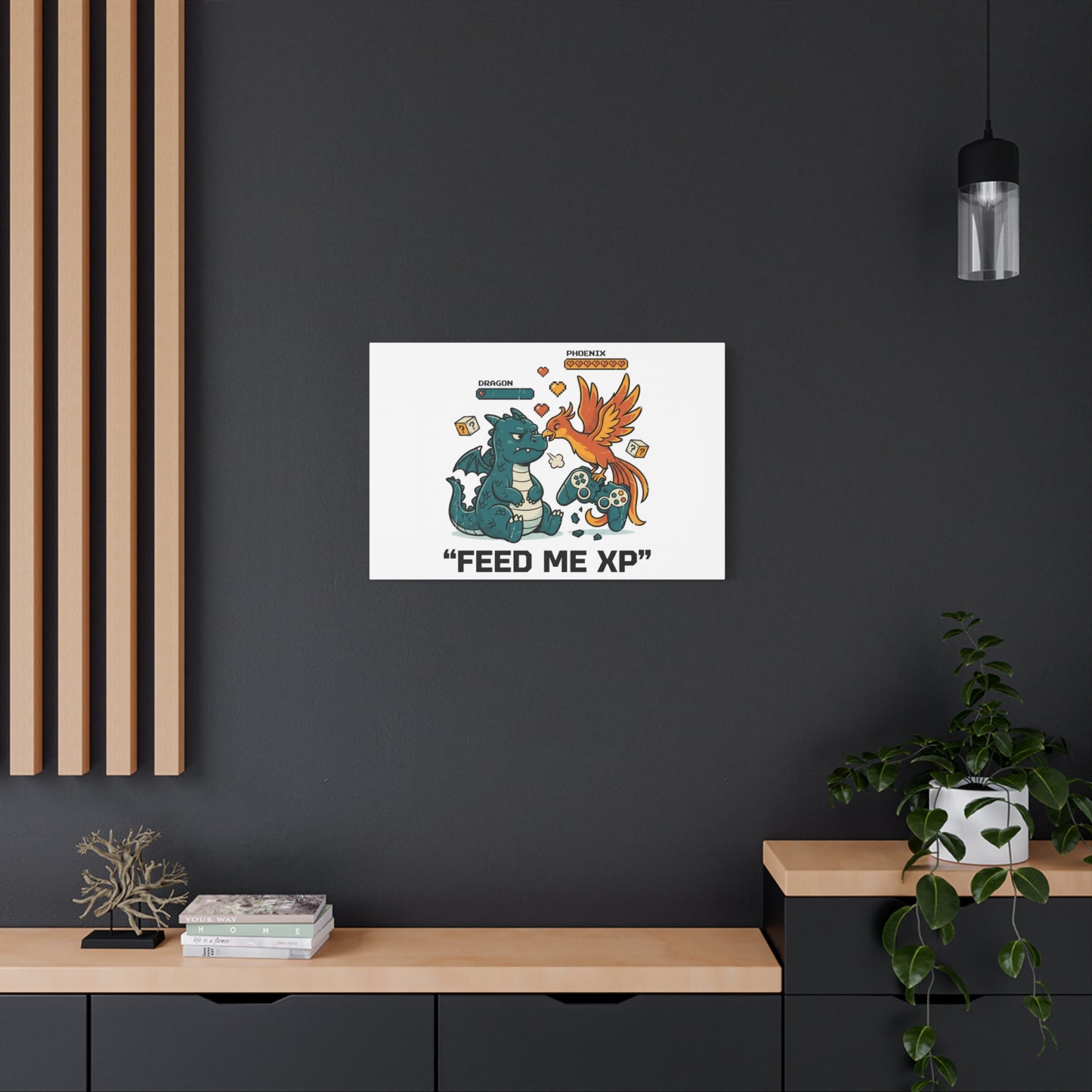 Feed Me XP Canvas | Gamer Dragon Phoenix Wall Art, Neon Meme Skate Style