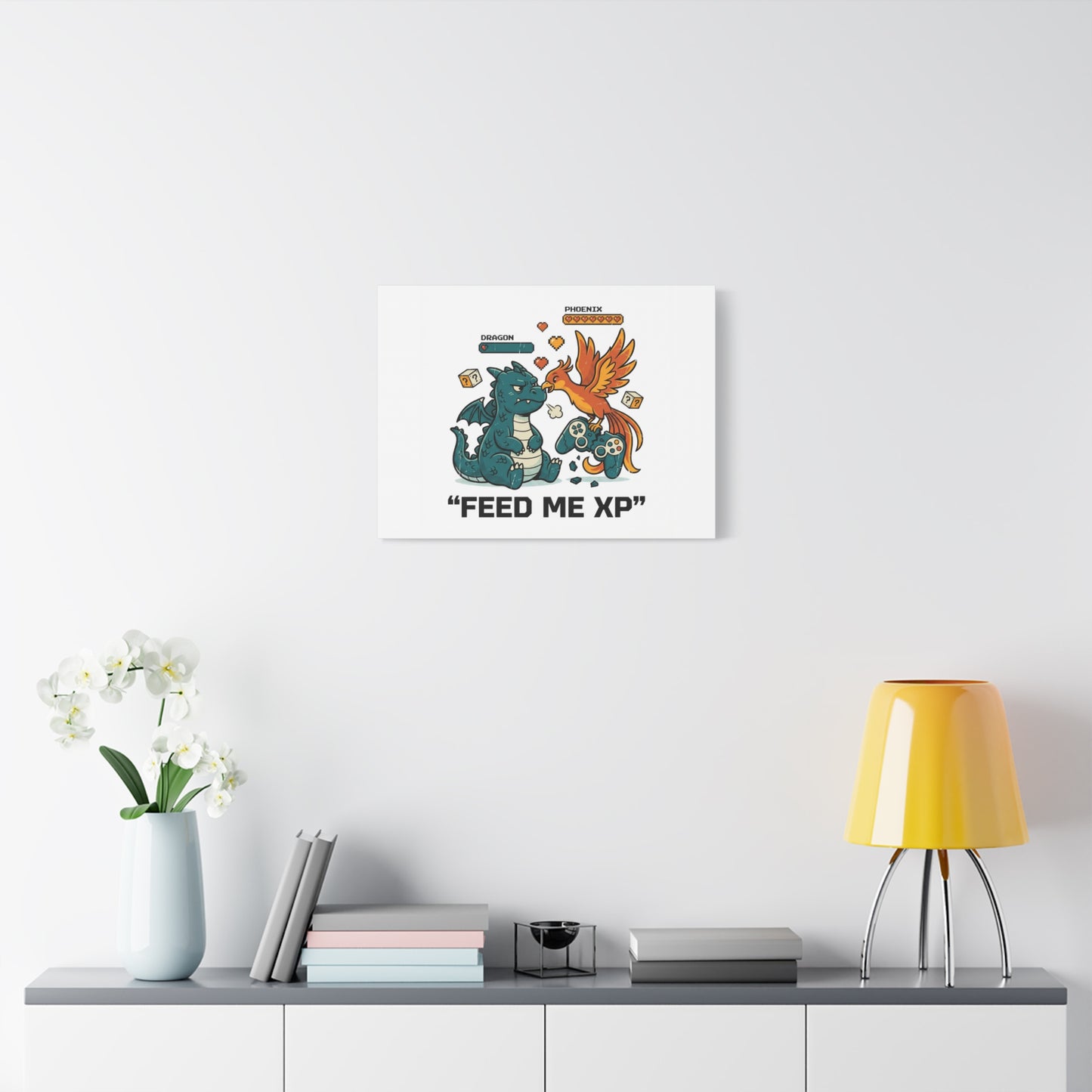 Feed Me XP Canvas | Gamer Dragon Phoenix Wall Art, Neon Meme Skate Style