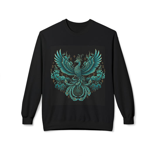 Phoenix Crest Crewneck Sweatshirt — Teal Mythic Bird Graphic