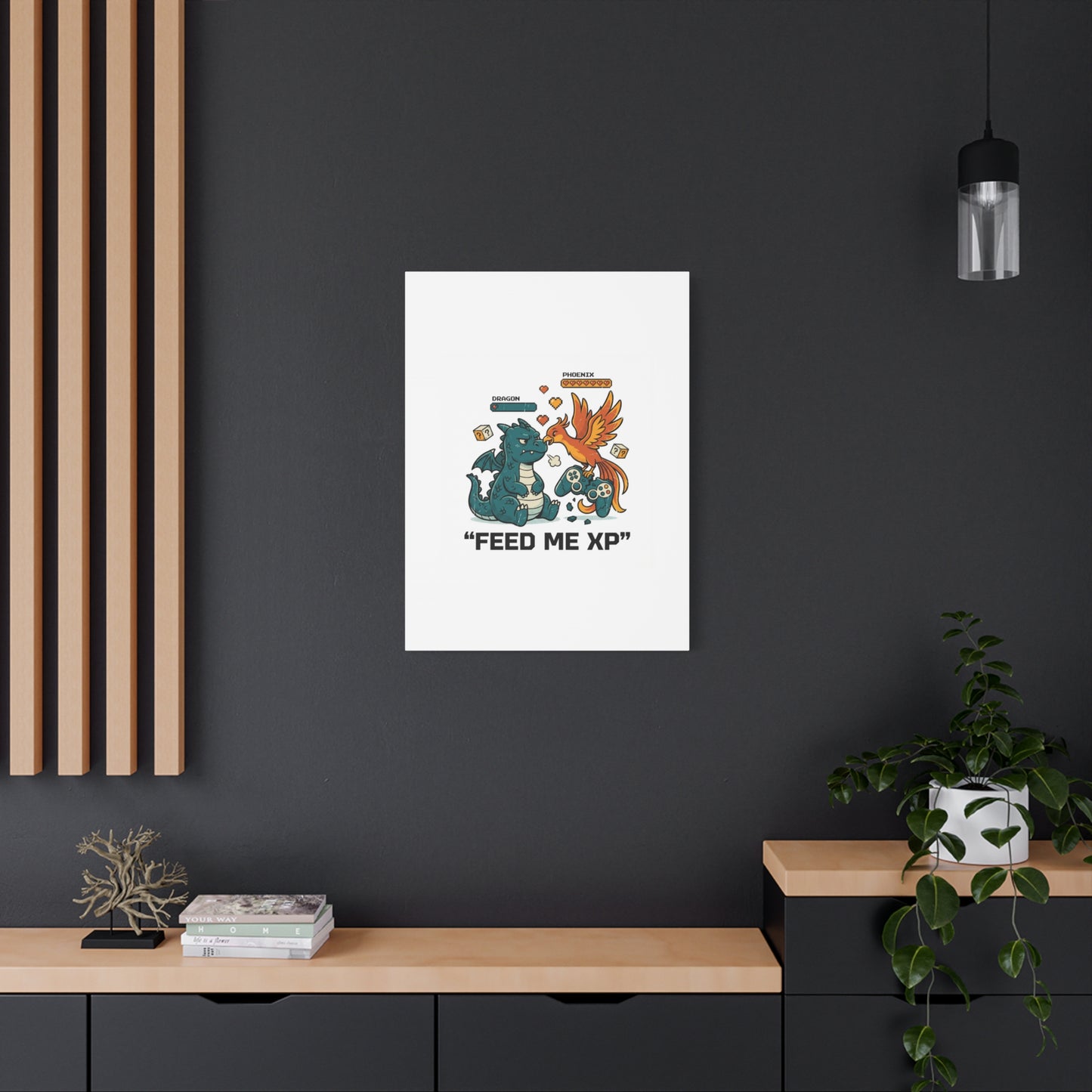 Feed Me XP Canvas | Gamer Dragon Phoenix Wall Art, Neon Meme Skate Style