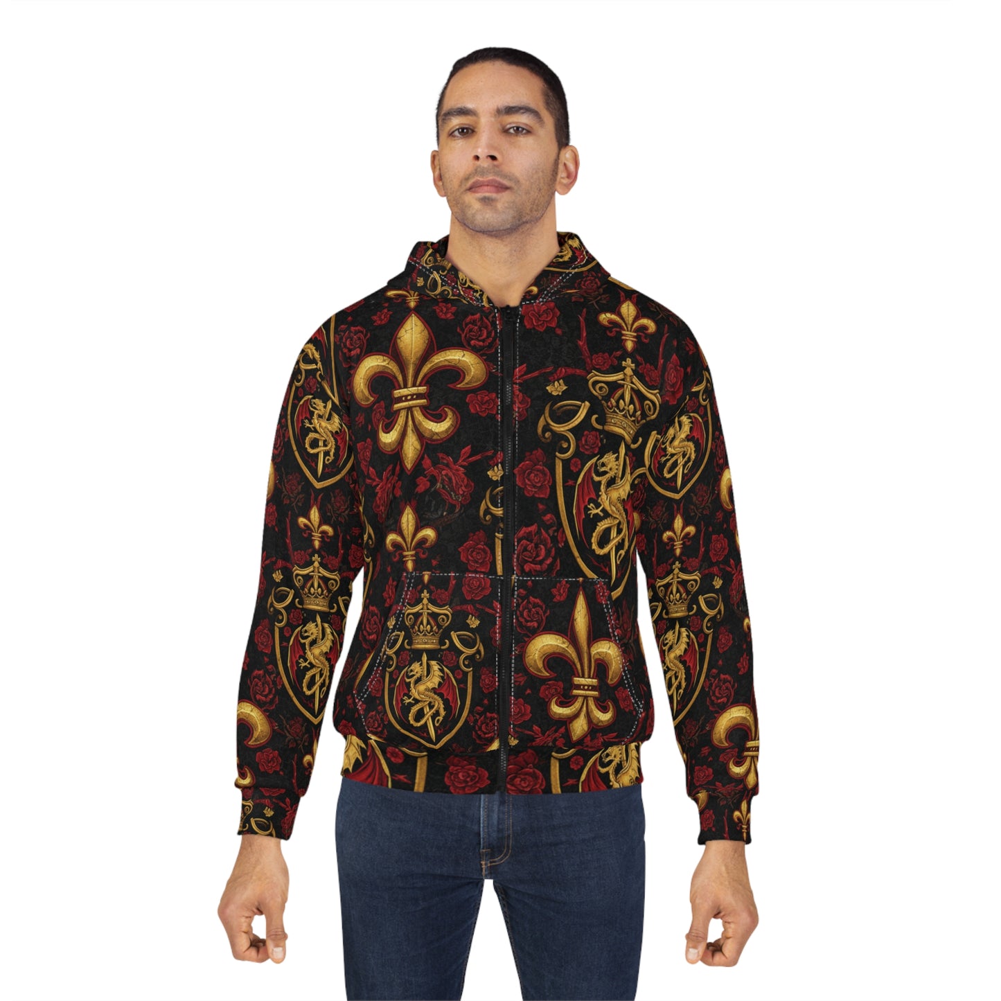 Fleur-de-Lis Baroque Zip Hoodie — Royal Gold & Burgundy All-Over Print