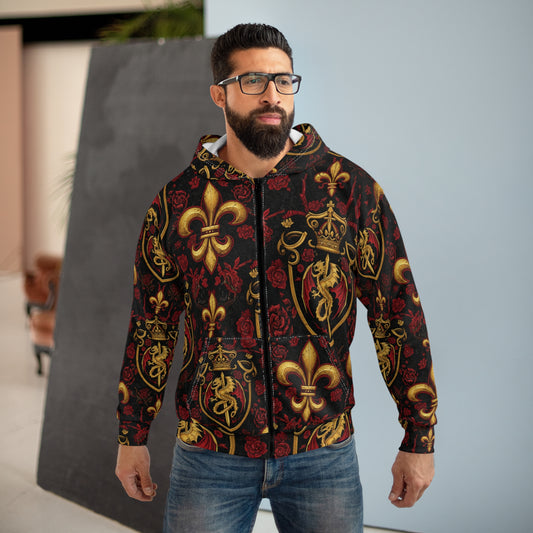 Fleur-de-Lis Baroque Zip Hoodie — Royal Gold & Burgundy All-Over Print