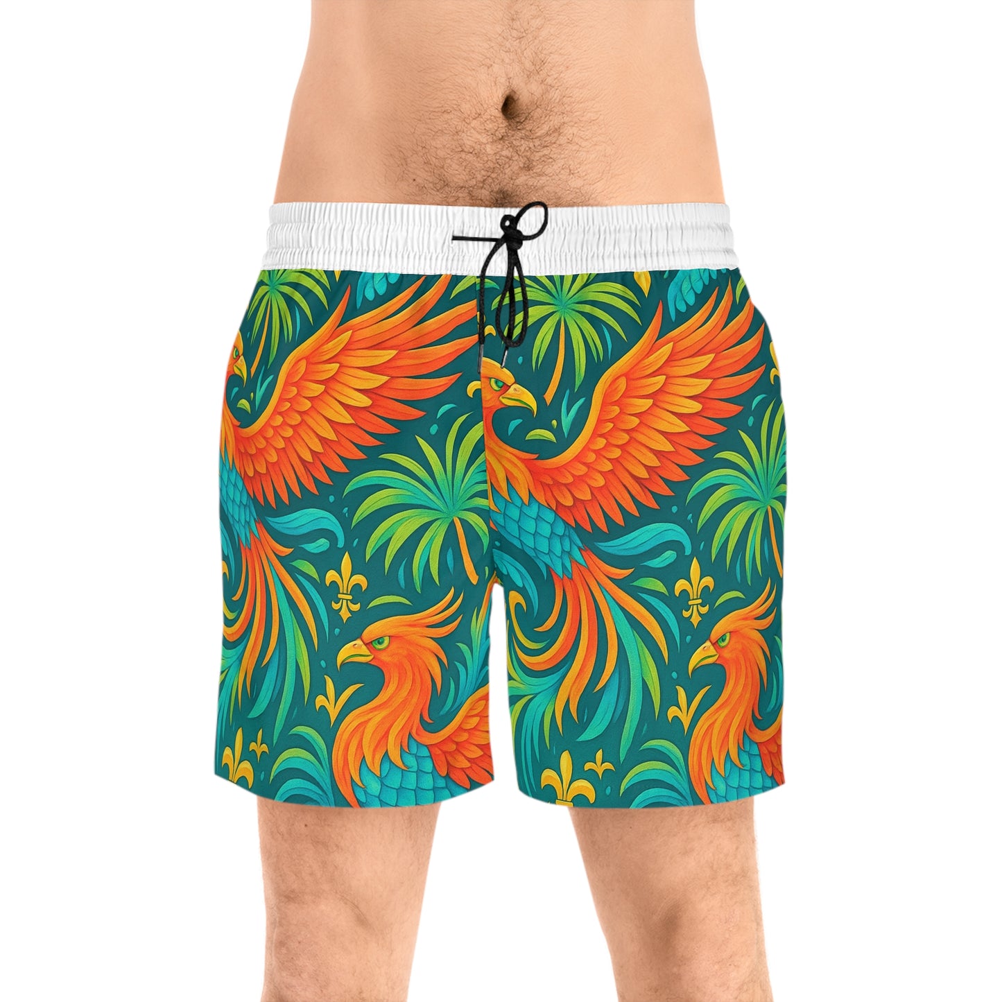 Vibrant Phoenix Men's Swim Shorts, Tropical Swimwear, Beach Shorts for Men, Summer Vacation Attire, Pool Party Essentials, AOP Swimwear