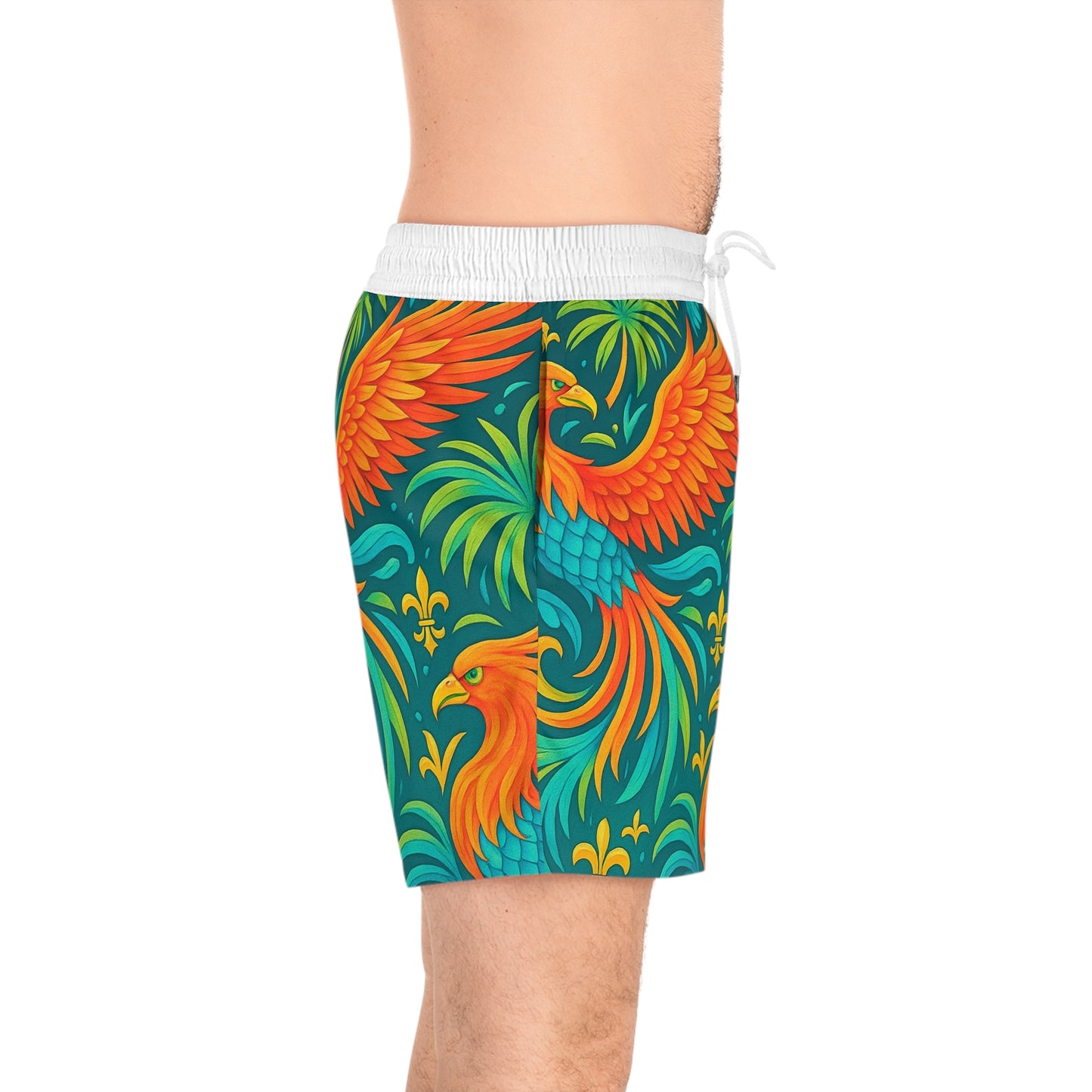 Vibrant Phoenix Men's Swim Shorts, Tropical Swimwear, Beach Shorts for Men, Summer Vacation Attire, Pool Party Essentials, AOP Swimwear