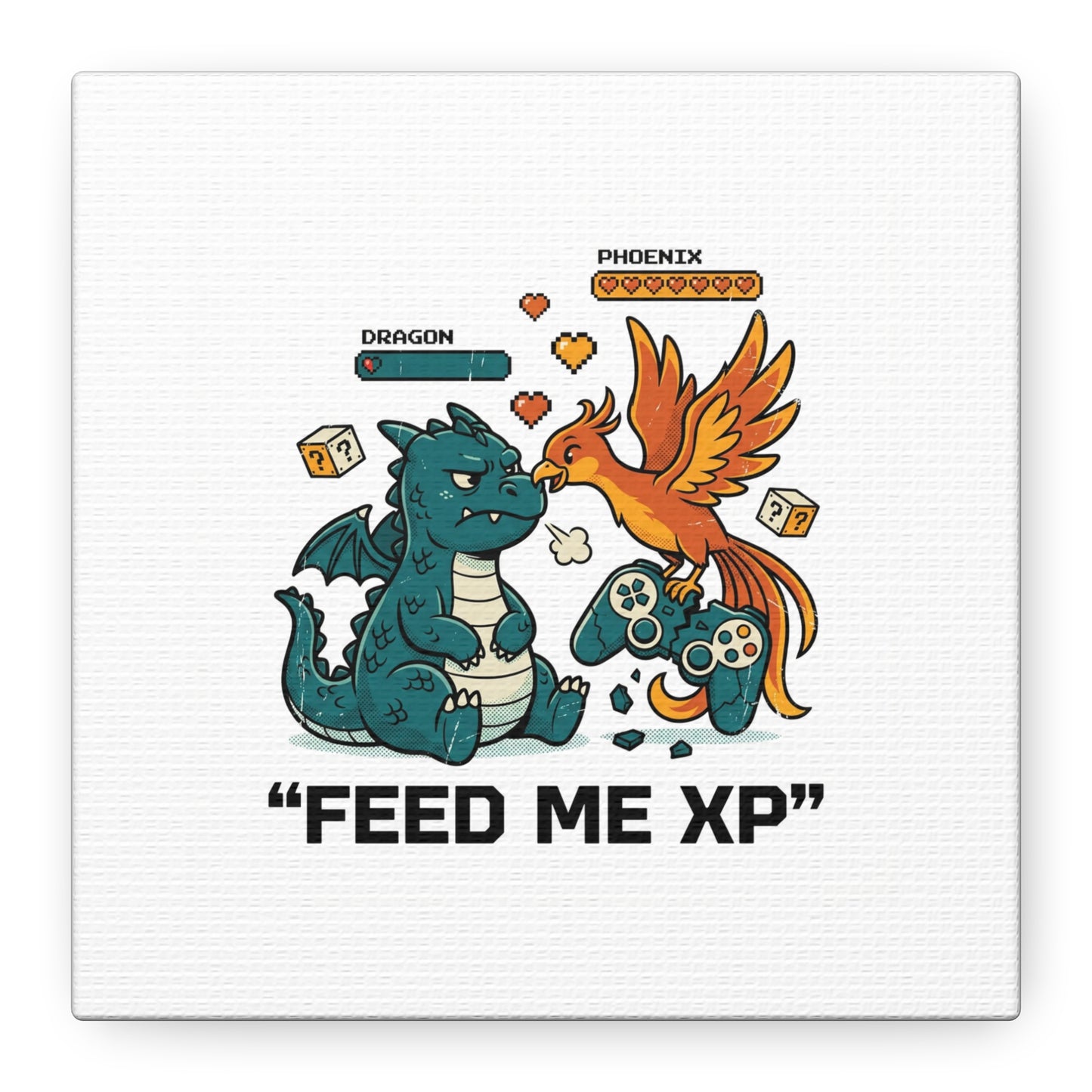 Feed Me XP Canvas | Gamer Dragon Phoenix Wall Art, Neon Meme Skate Style