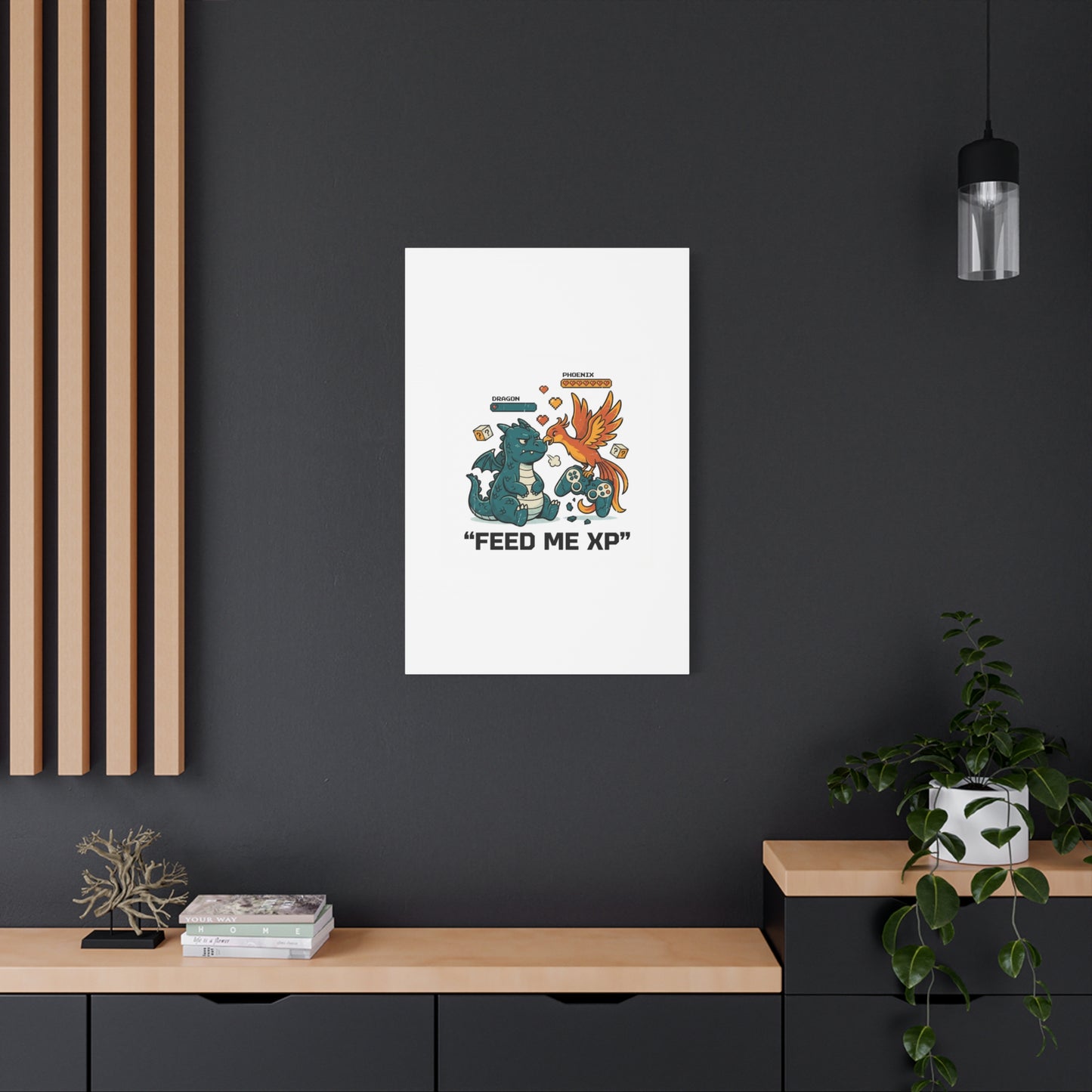 Feed Me XP Canvas | Gamer Dragon Phoenix Wall Art, Neon Meme Skate Style