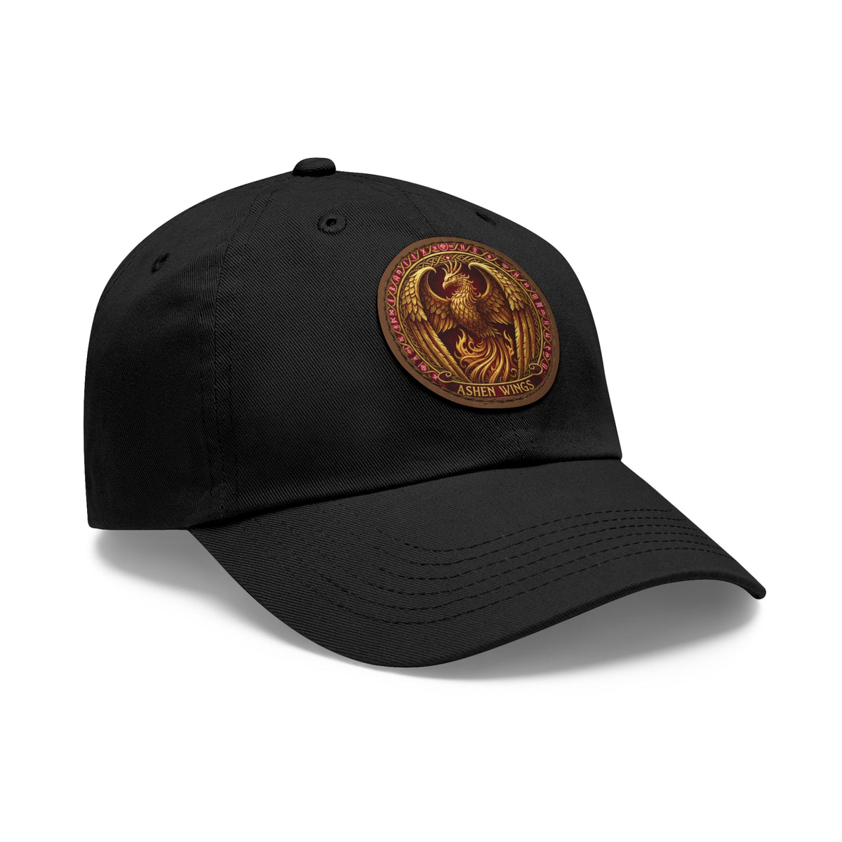 Ember Phoenix Leather Patch Dad Hat — Vintage Firebird Round Patch Cap