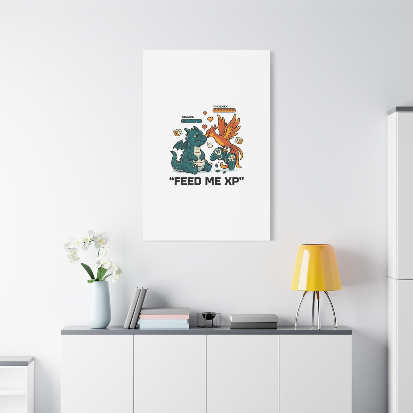Feed Me XP Canvas | Gamer Dragon Phoenix Wall Art, Neon Meme Skate Style