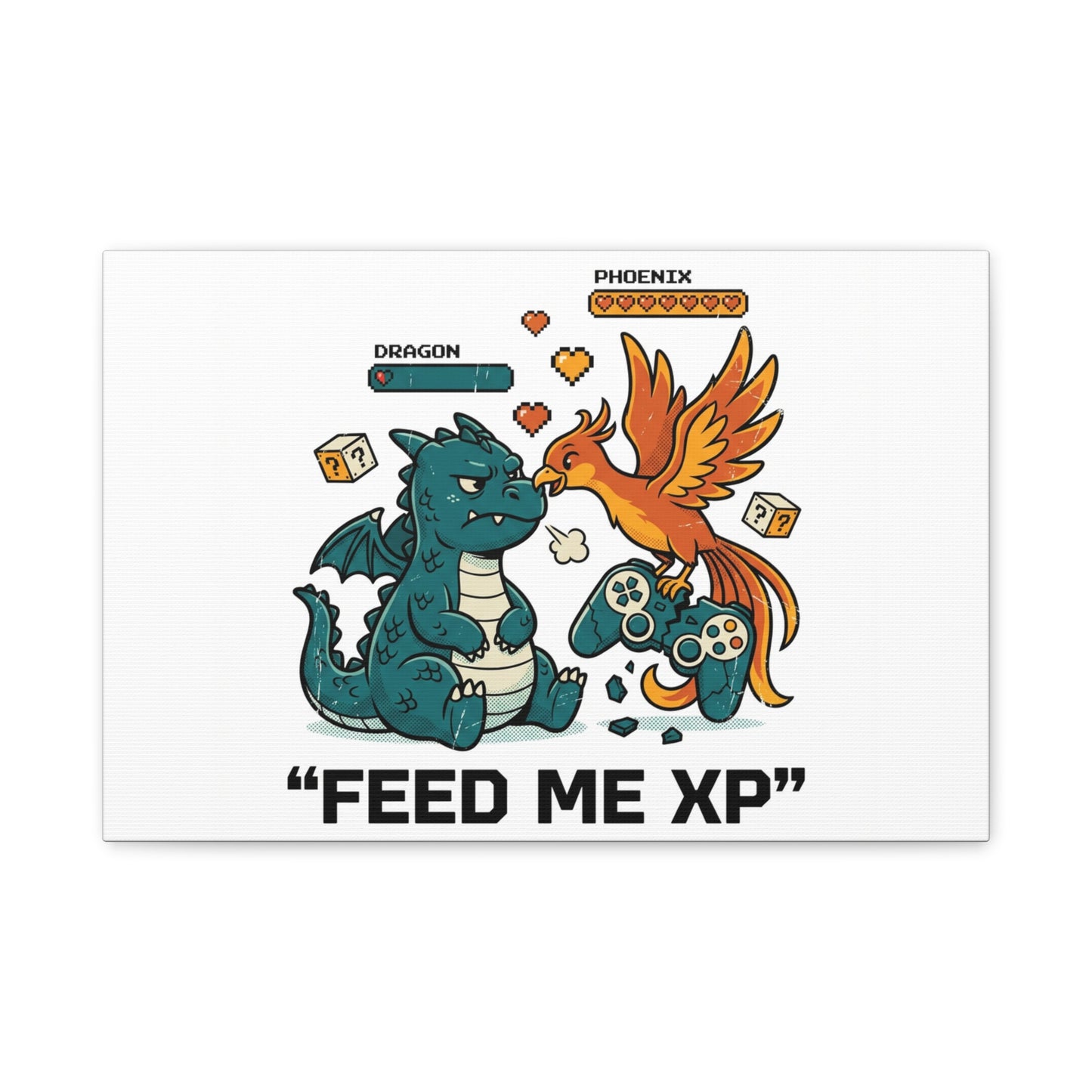 Feed Me XP Canvas | Gamer Dragon Phoenix Wall Art, Neon Meme Skate Style