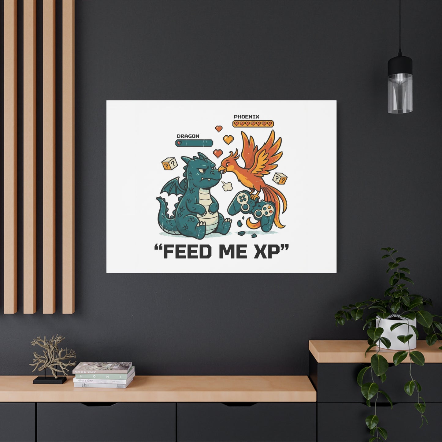 Feed Me XP Canvas | Gamer Dragon Phoenix Wall Art, Neon Meme Skate Style