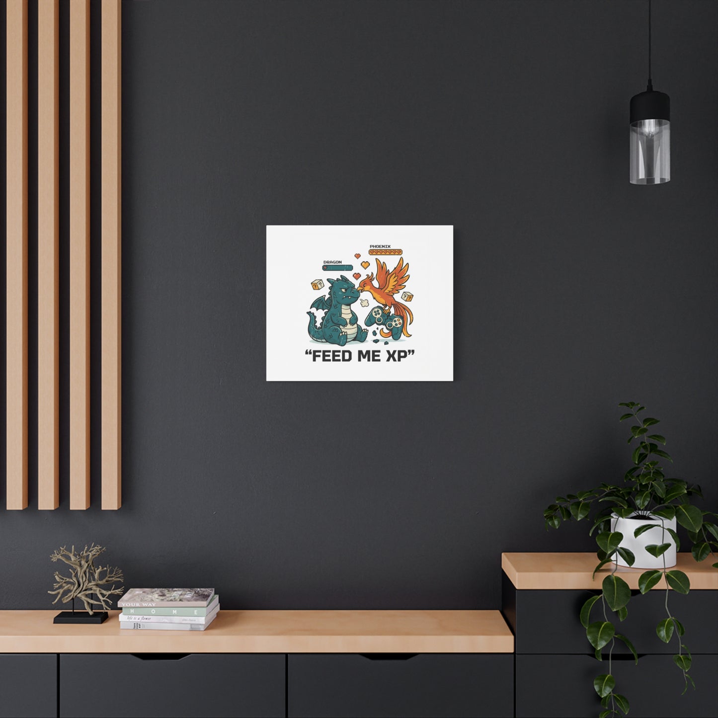 Feed Me XP Canvas | Gamer Dragon Phoenix Wall Art, Neon Meme Skate Style