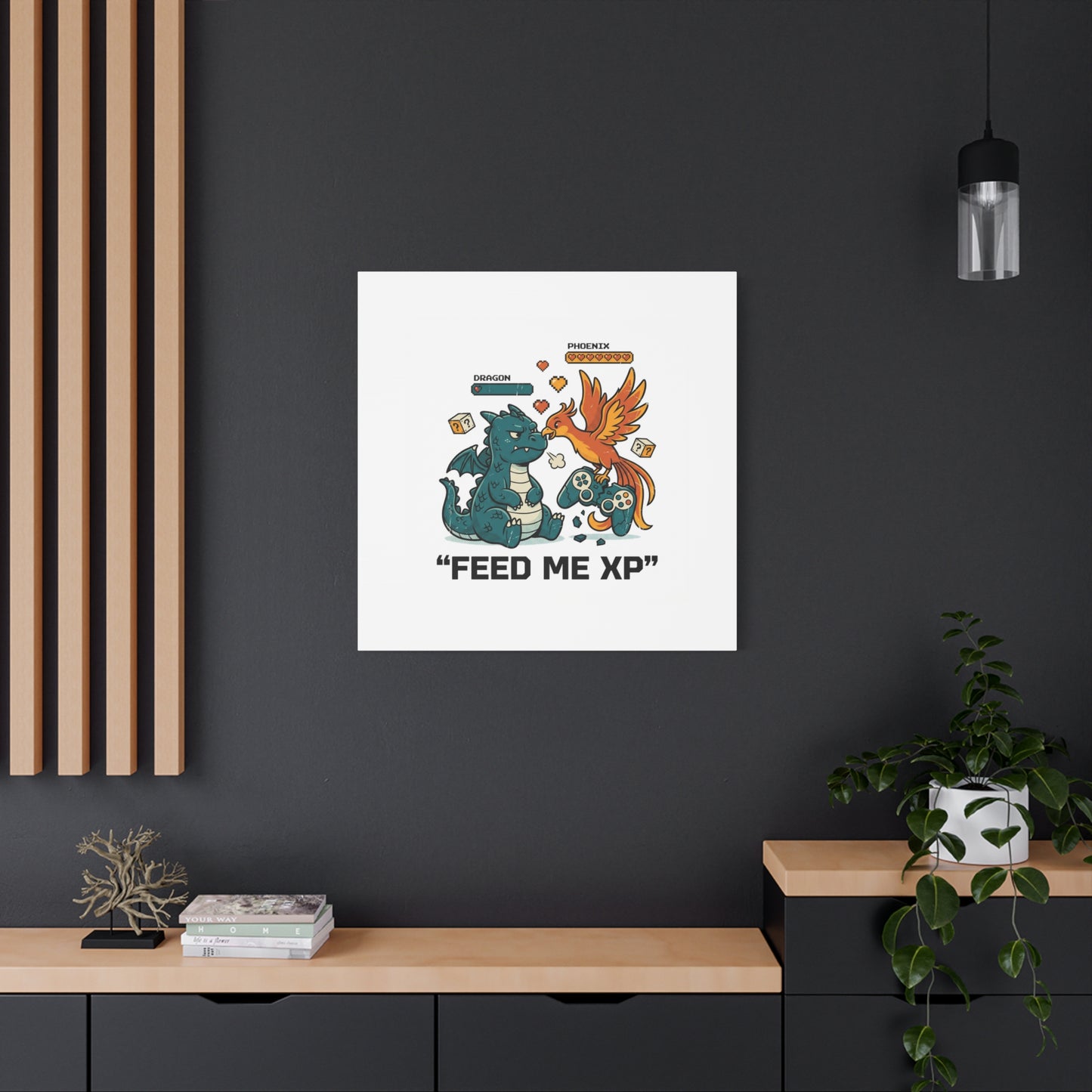 Feed Me XP Canvas | Gamer Dragon Phoenix Wall Art, Neon Meme Skate Style