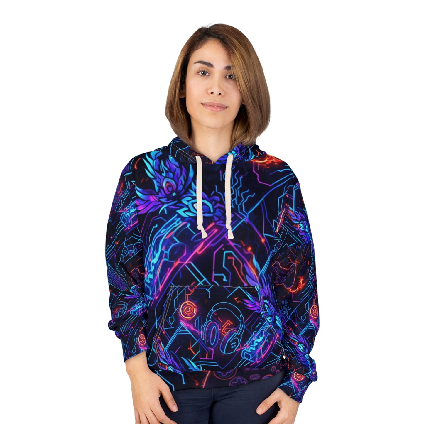 Neon Gamer Tech Hoodie — All-Over Print Retro Cyber Gaming Pullover