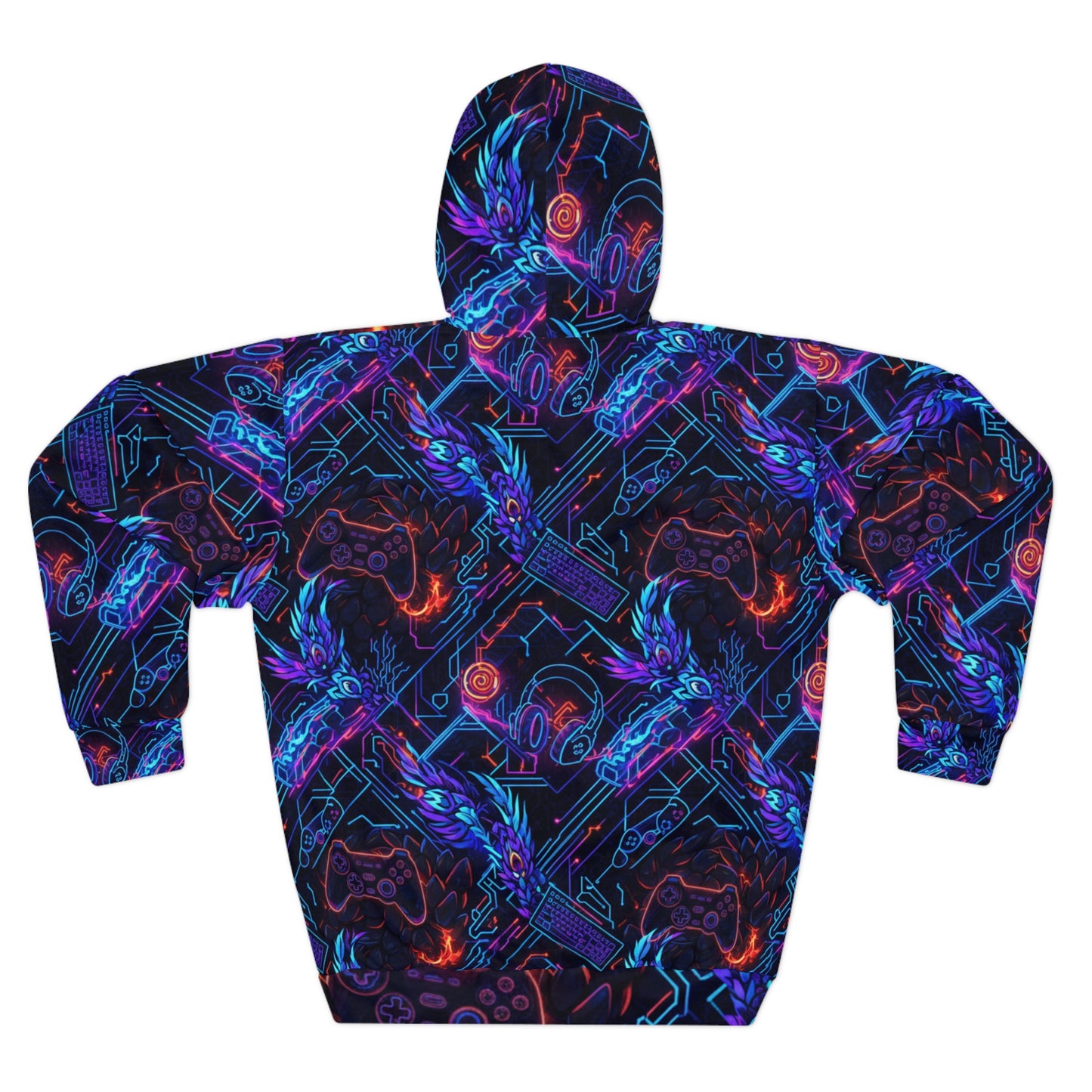 Neon Gamer Tech Hoodie — All-Over Print Retro Cyber Gaming Pullover