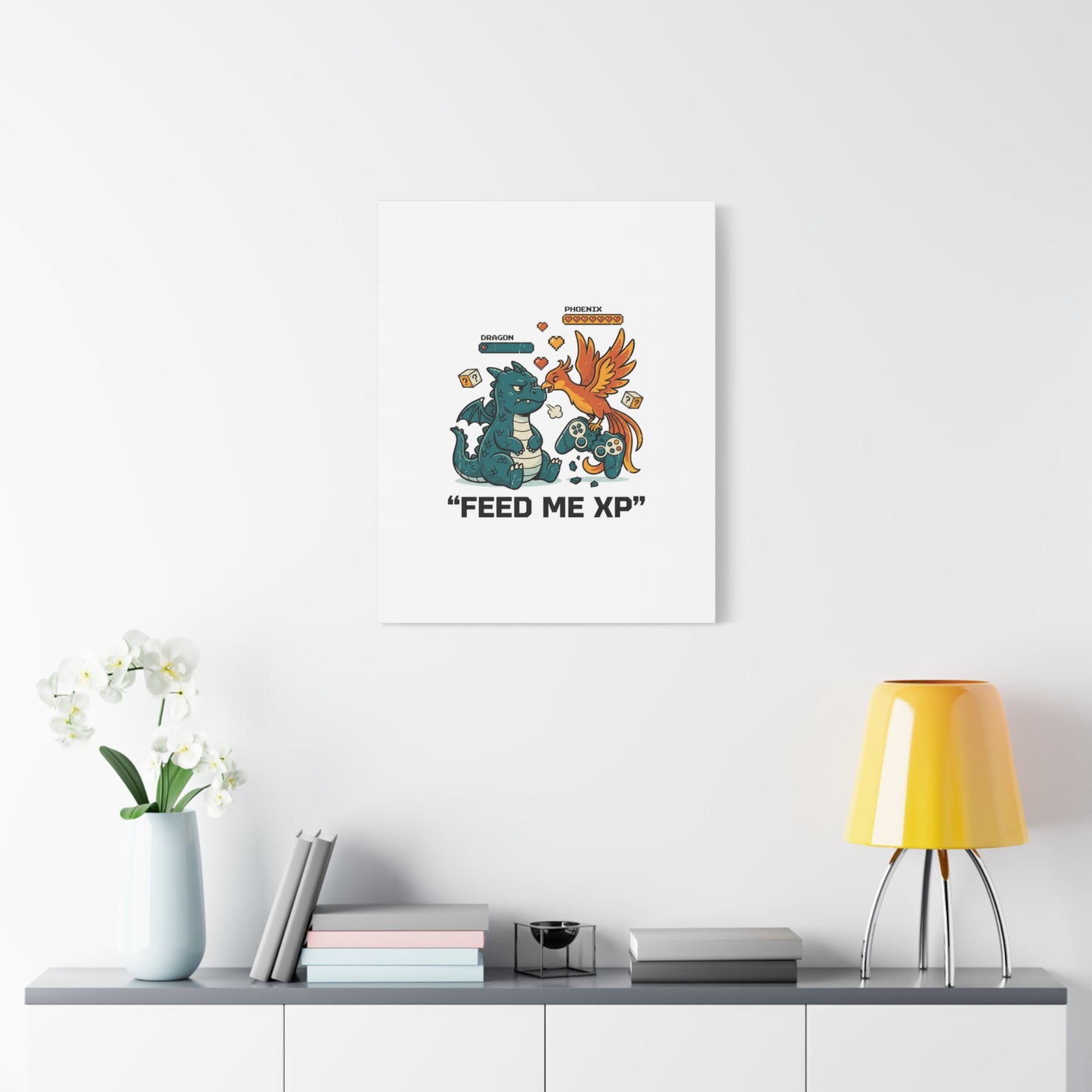 Feed Me XP Canvas | Gamer Dragon Phoenix Wall Art, Neon Meme Skate Style