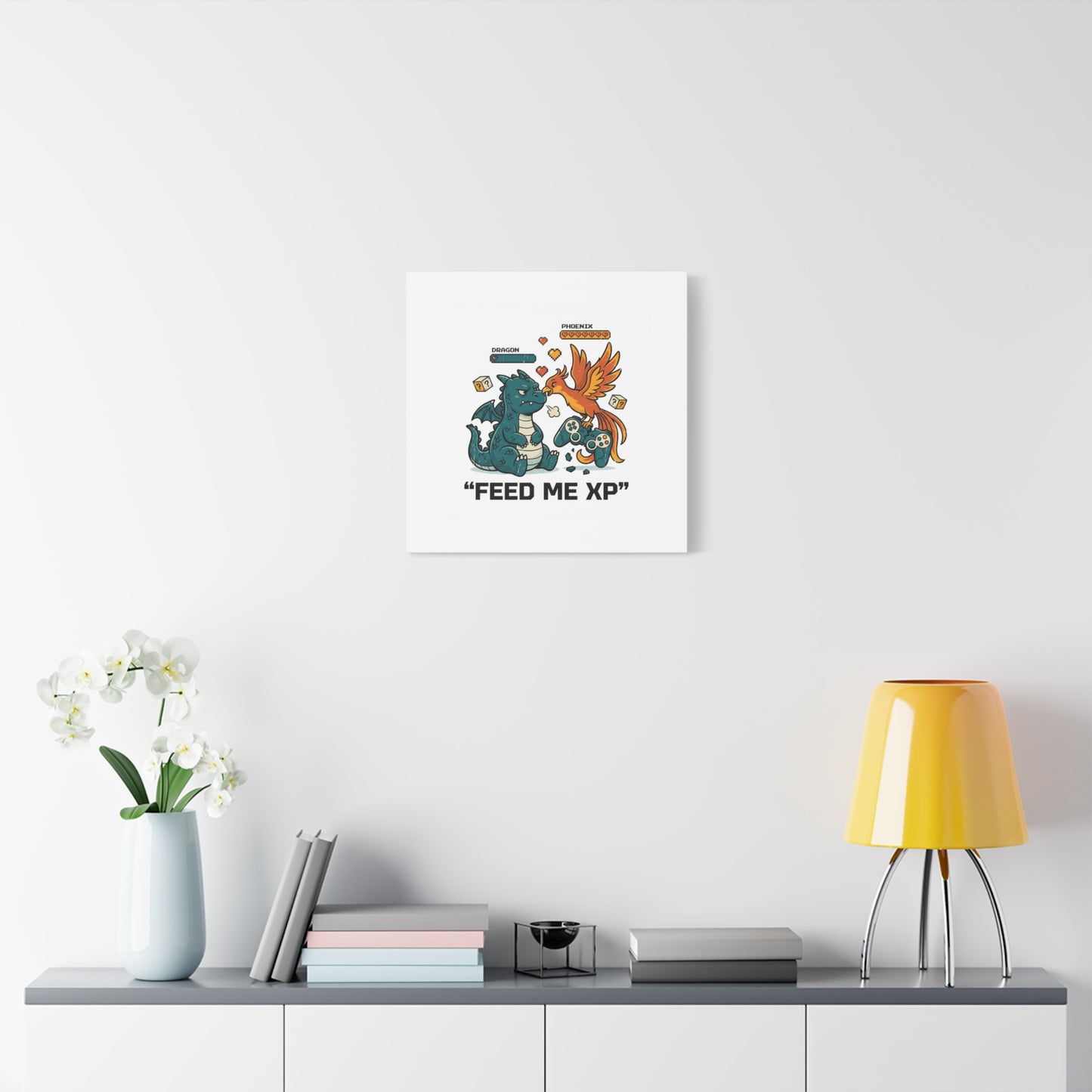 Feed Me XP Canvas | Gamer Dragon Phoenix Wall Art, Neon Meme Skate Style