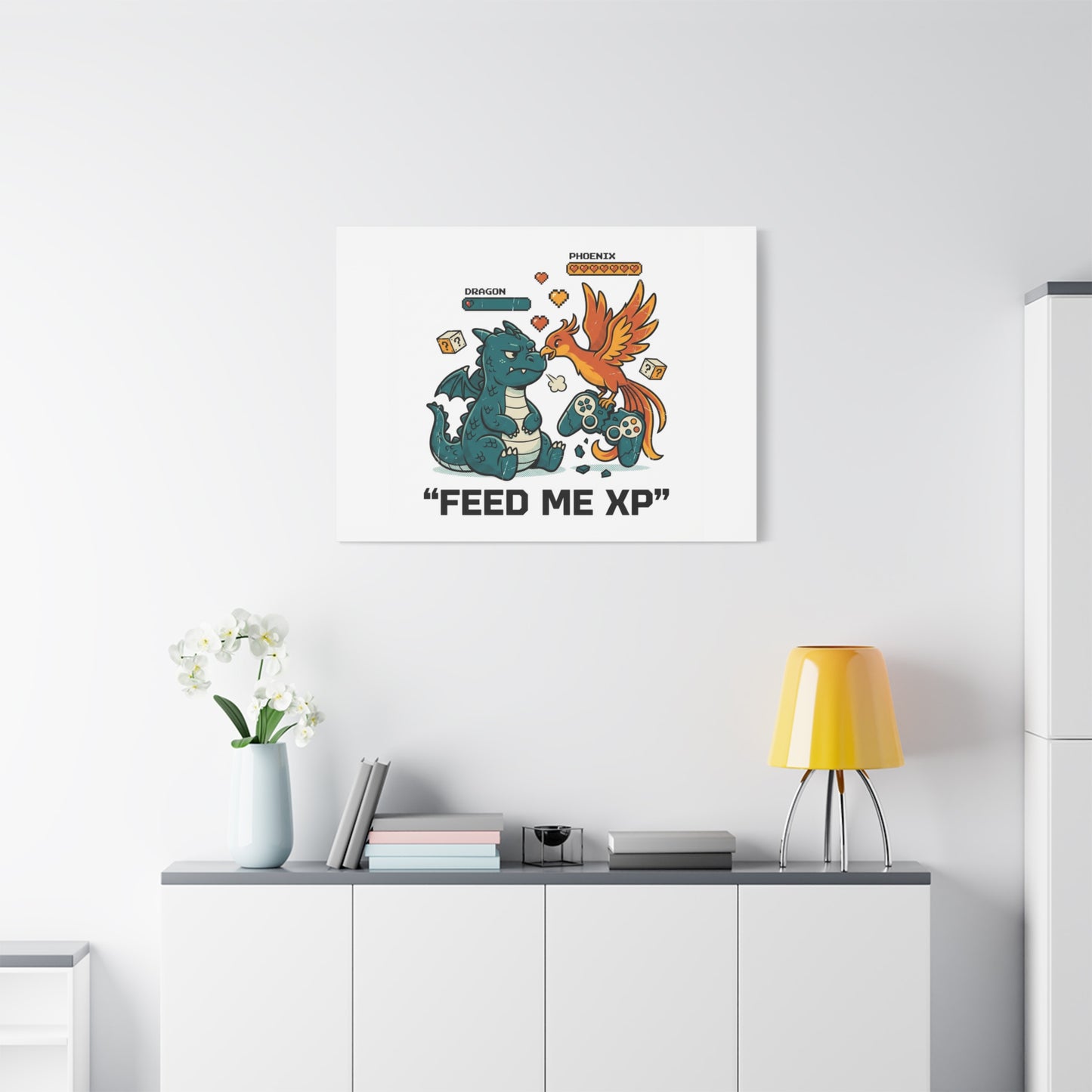 Feed Me XP Canvas | Gamer Dragon Phoenix Wall Art, Neon Meme Skate Style