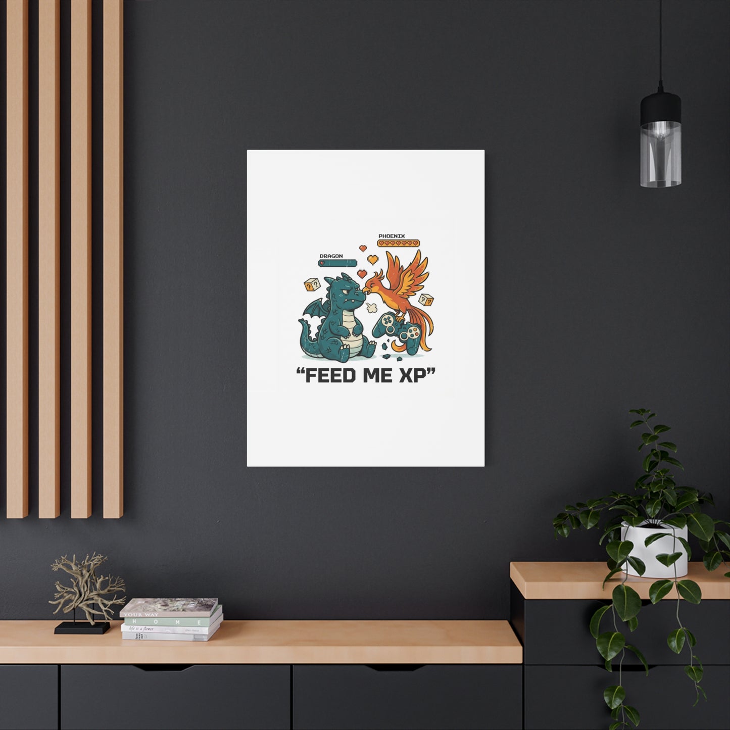 Feed Me XP Canvas | Gamer Dragon Phoenix Wall Art, Neon Meme Skate Style
