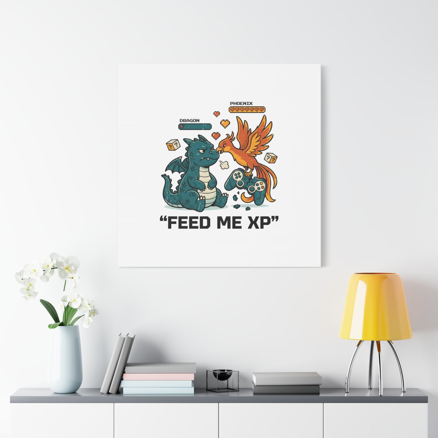 Feed Me XP Canvas | Gamer Dragon Phoenix Wall Art, Neon Meme Skate Style