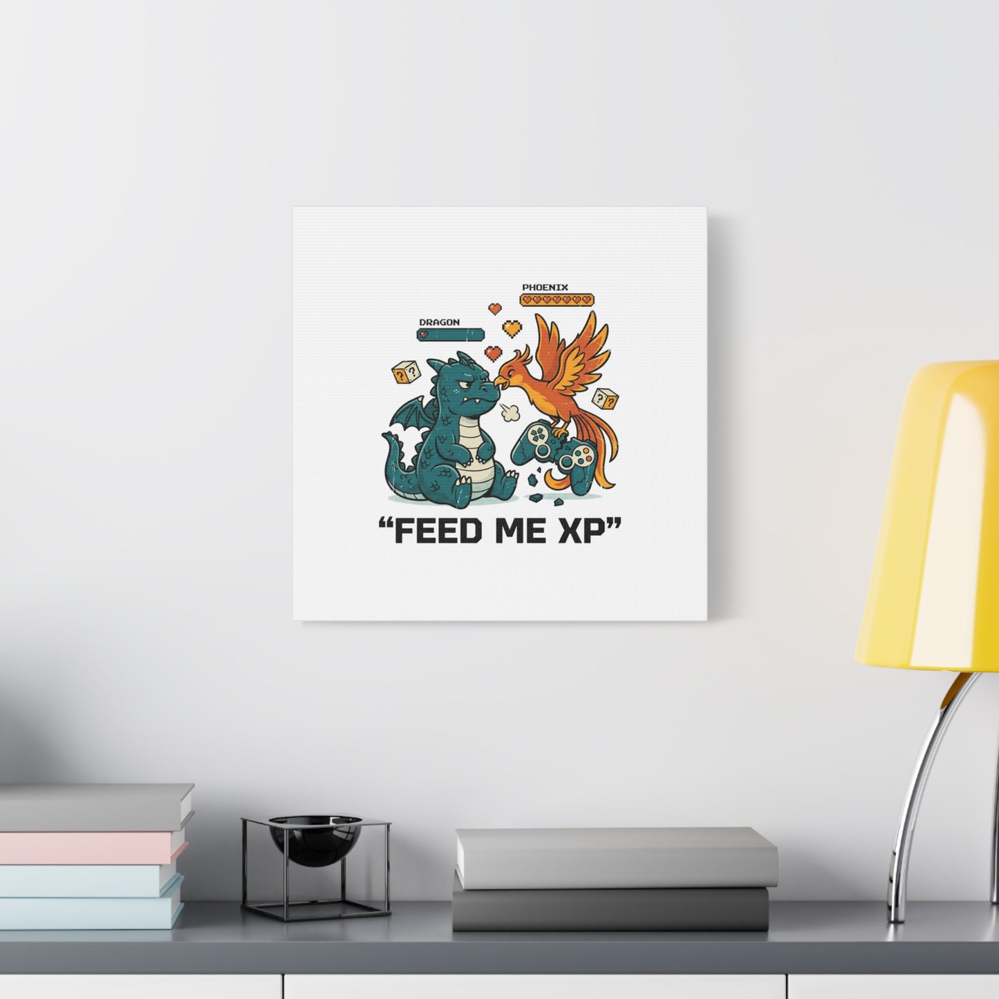 Feed Me XP Canvas | Gamer Dragon Phoenix Wall Art, Neon Meme Skate Style