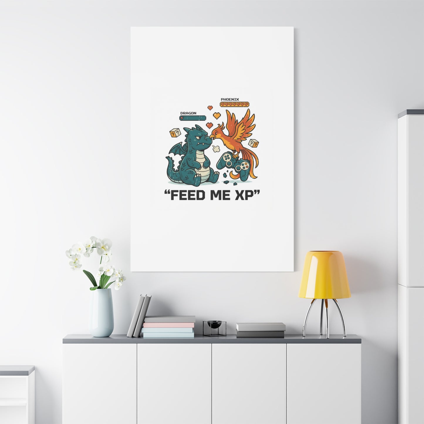 Feed Me XP Canvas | Gamer Dragon Phoenix Wall Art, Neon Meme Skate Style
