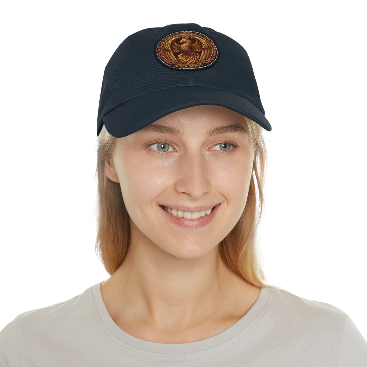 Ember Phoenix Leather Patch Dad Hat — Vintage Firebird Round Patch Cap