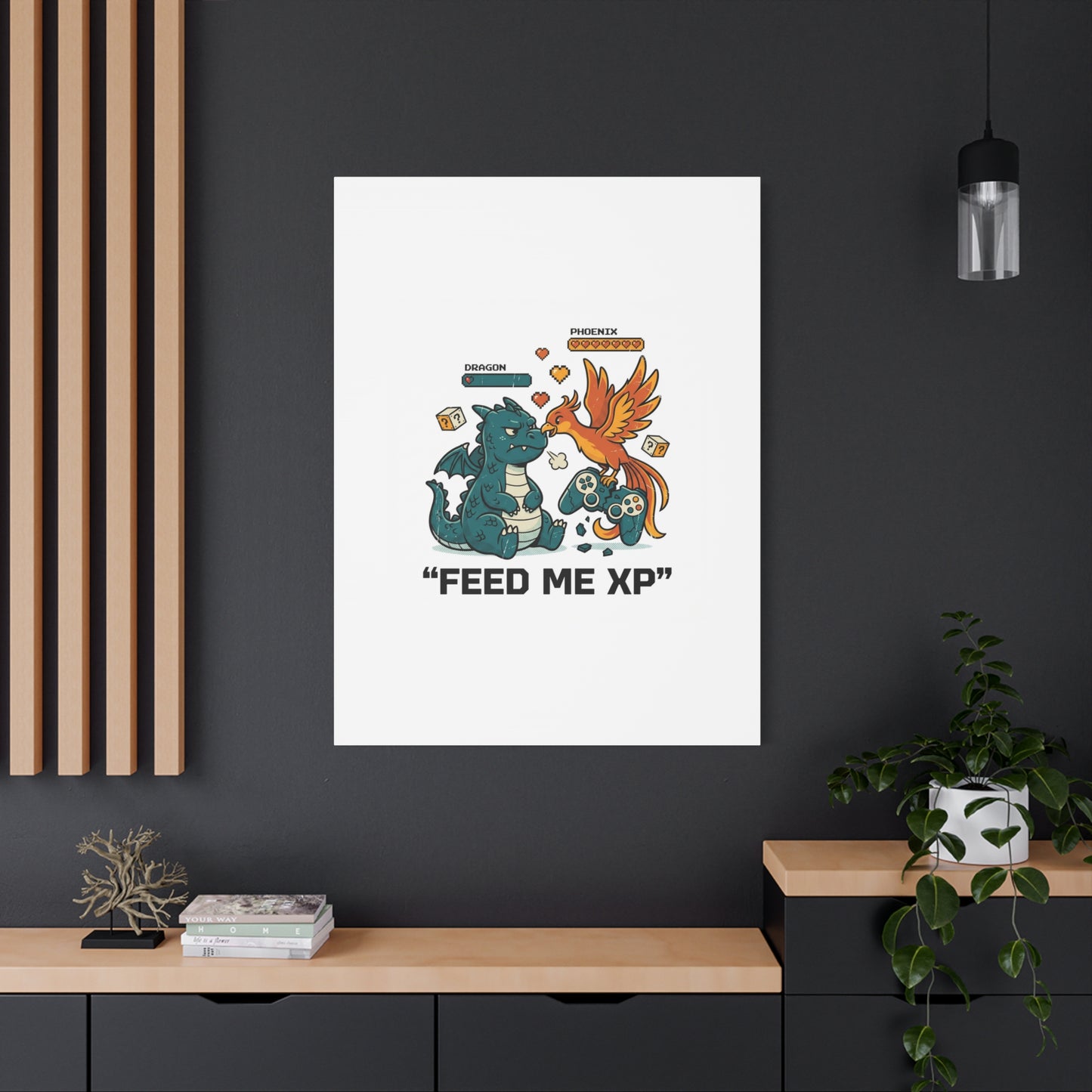 Feed Me XP Canvas | Gamer Dragon Phoenix Wall Art, Neon Meme Skate Style