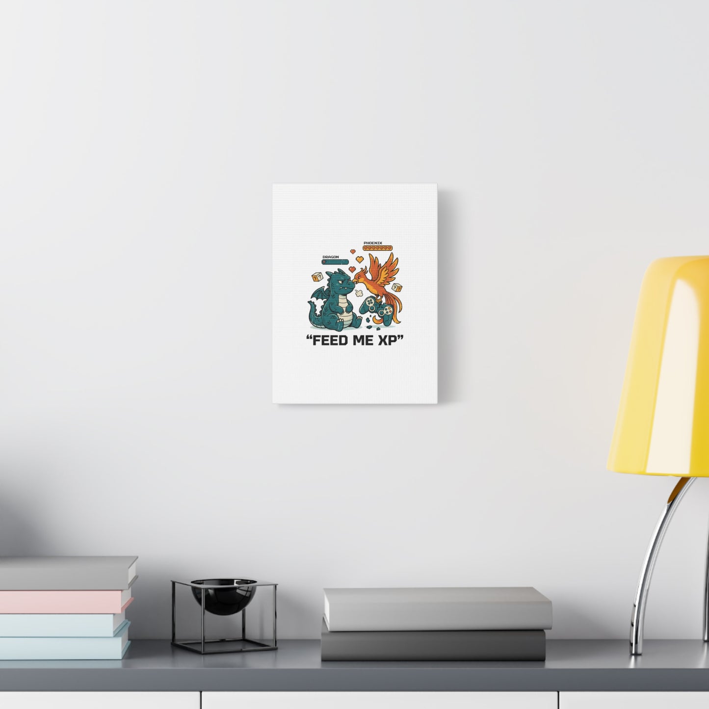 Feed Me XP Canvas | Gamer Dragon Phoenix Wall Art, Neon Meme Skate Style