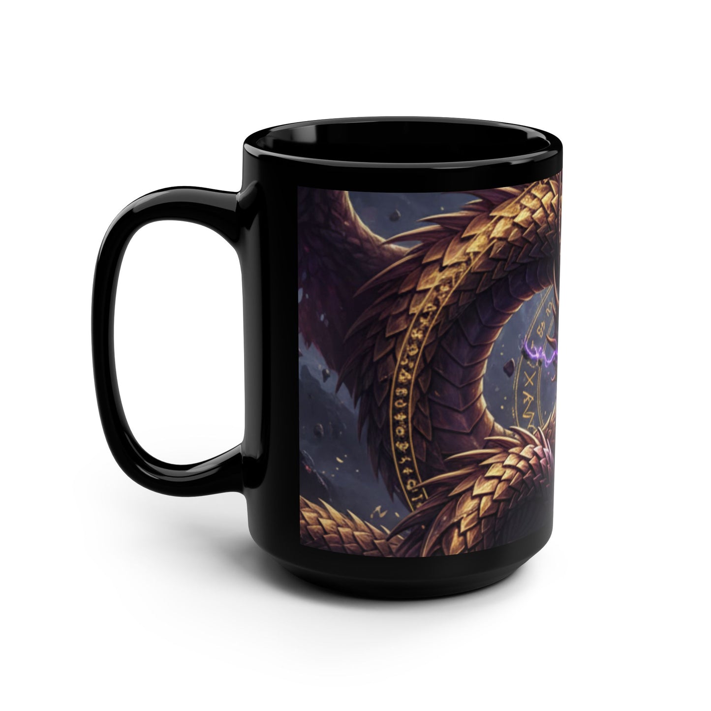 Black 15oz Mug — Golden Dragon with Purple Eyes Fantasy Coffee Cup