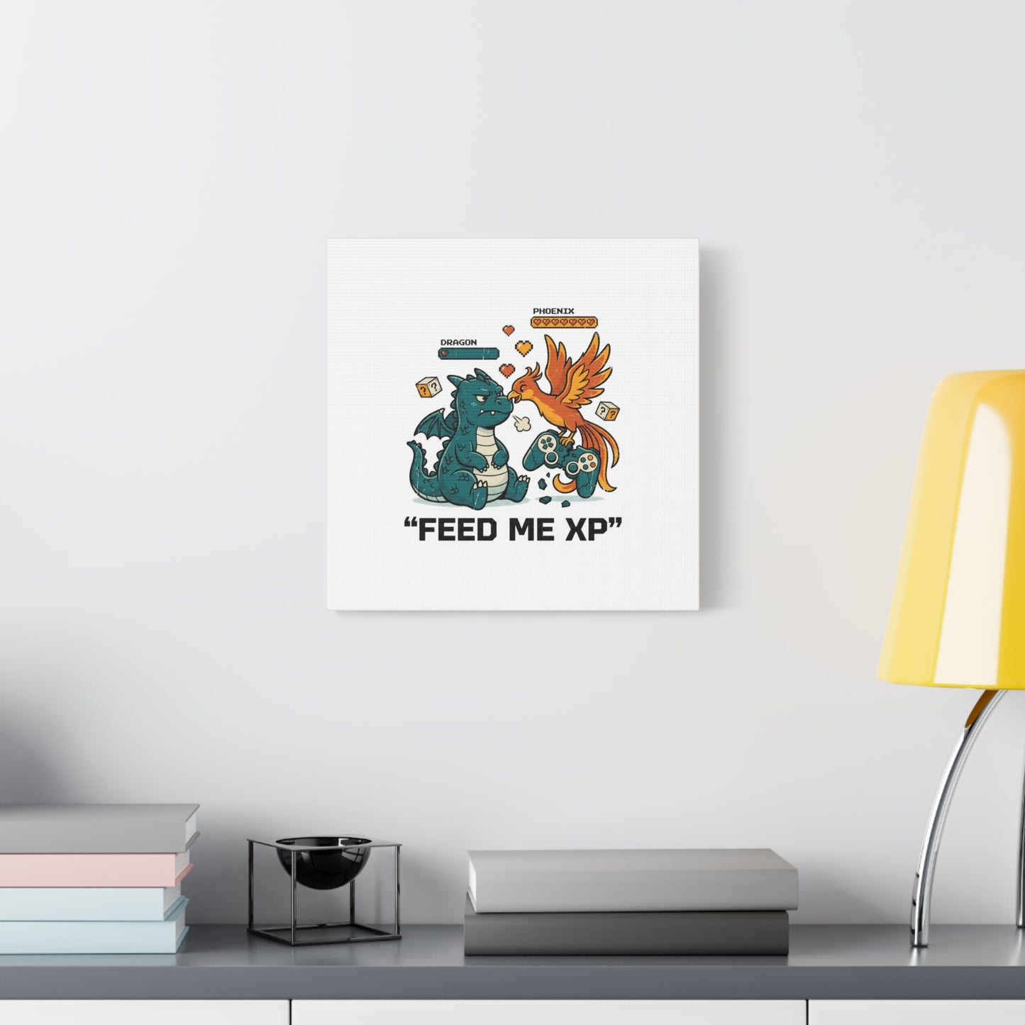Feed Me XP Canvas | Gamer Dragon Phoenix Wall Art, Neon Meme Skate Style