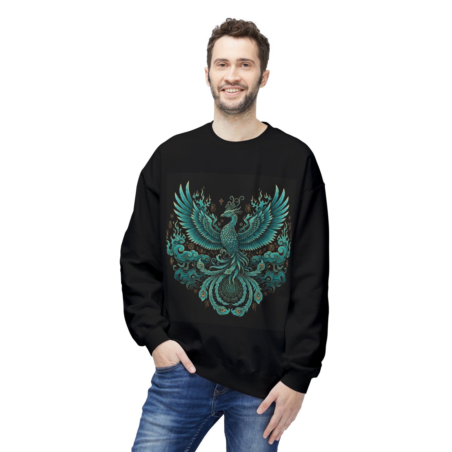 Phoenix Crest Crewneck Sweatshirt — Teal Mythic Bird Graphic
