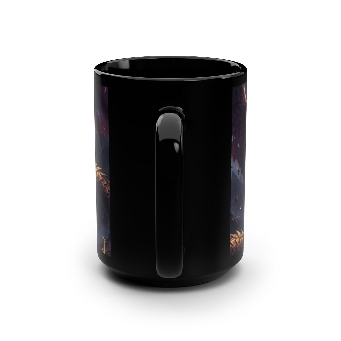 Black 15oz Mug — Golden Dragon with Purple Eyes Fantasy Coffee Cup