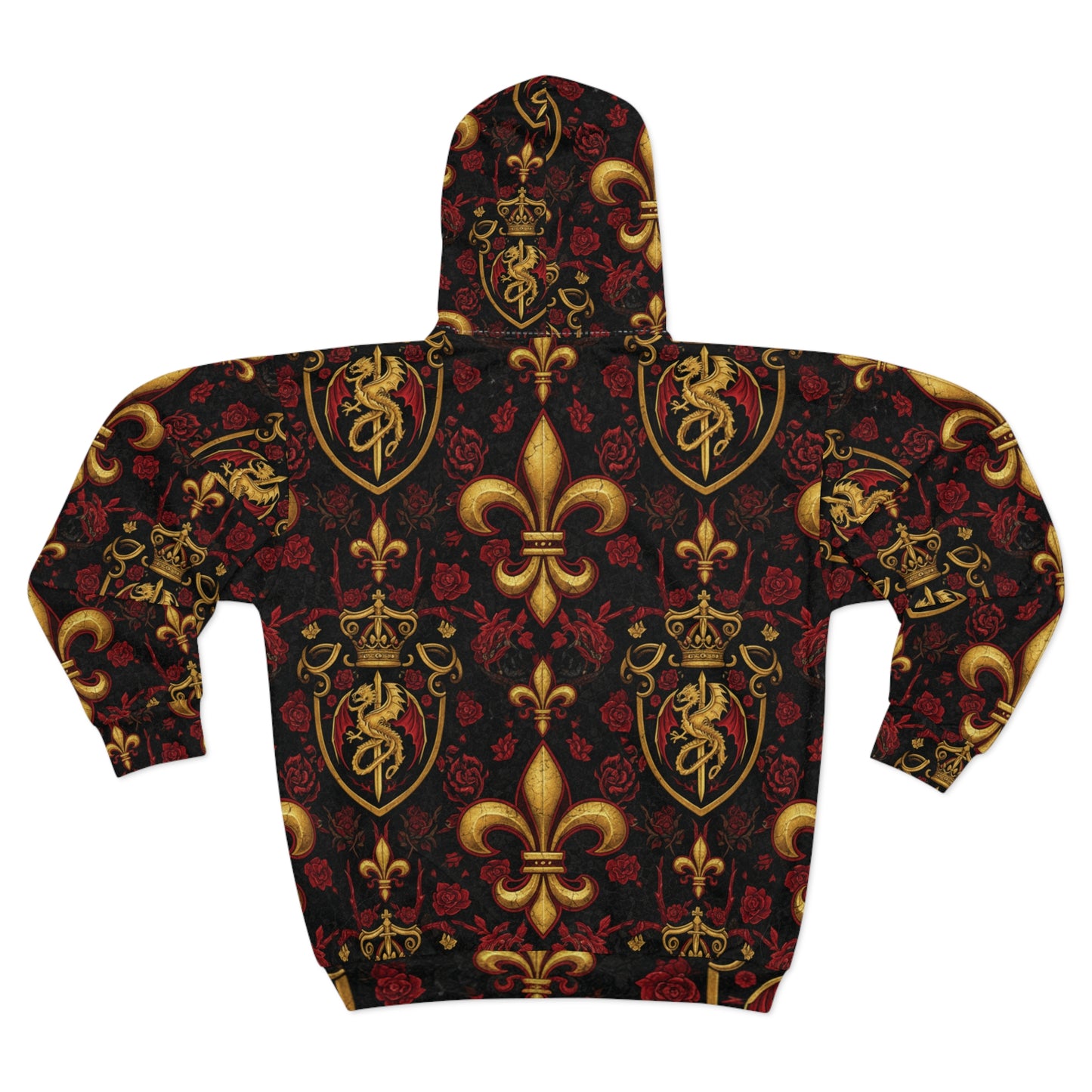 Fleur-de-Lis Baroque Zip Hoodie — Royal Gold & Burgundy All-Over Print