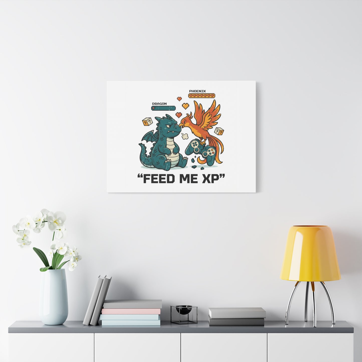 Feed Me XP Canvas | Gamer Dragon Phoenix Wall Art, Neon Meme Skate Style