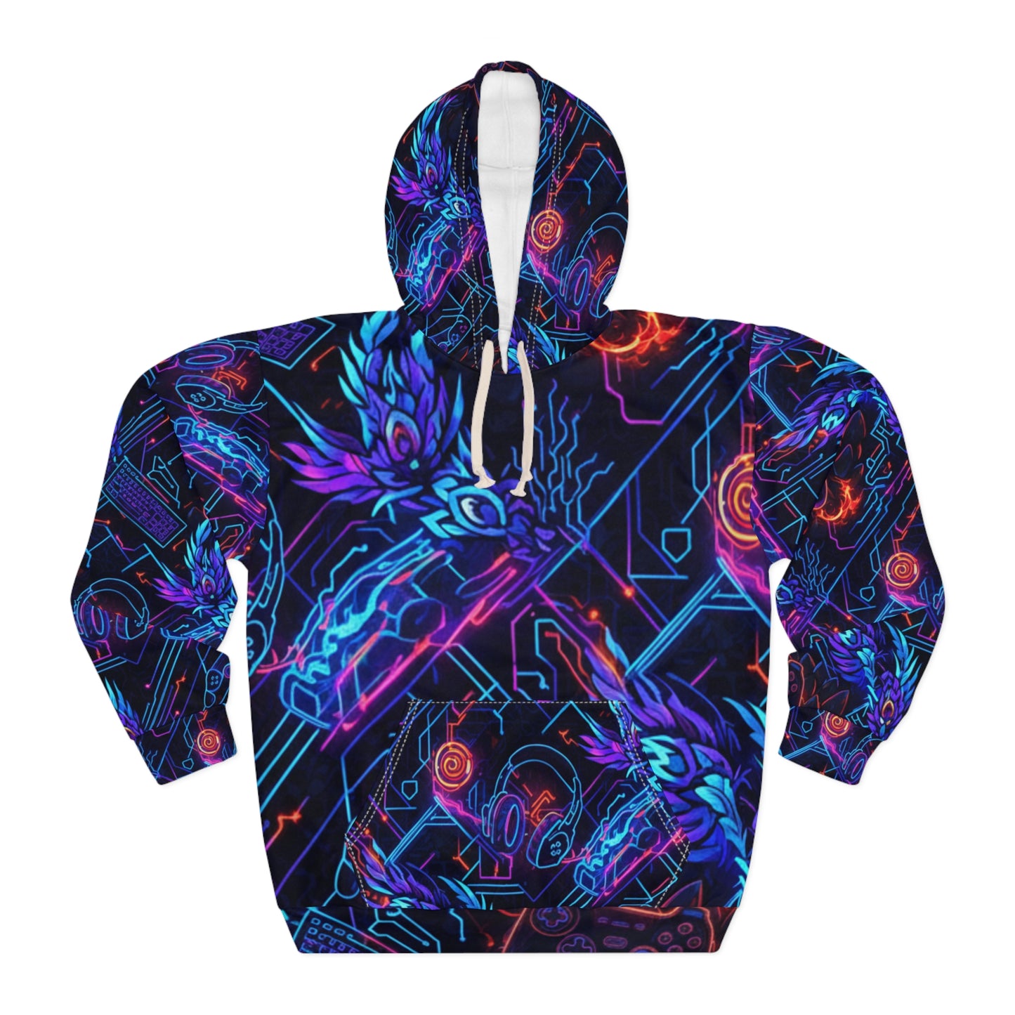 Neon Gamer Tech Hoodie — All-Over Print Retro Cyber Gaming Pullover