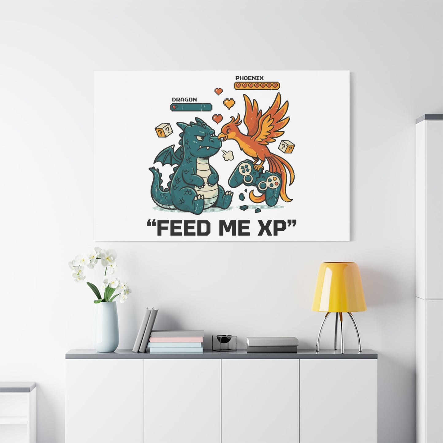 Feed Me XP Canvas | Gamer Dragon Phoenix Wall Art, Neon Meme Skate Style